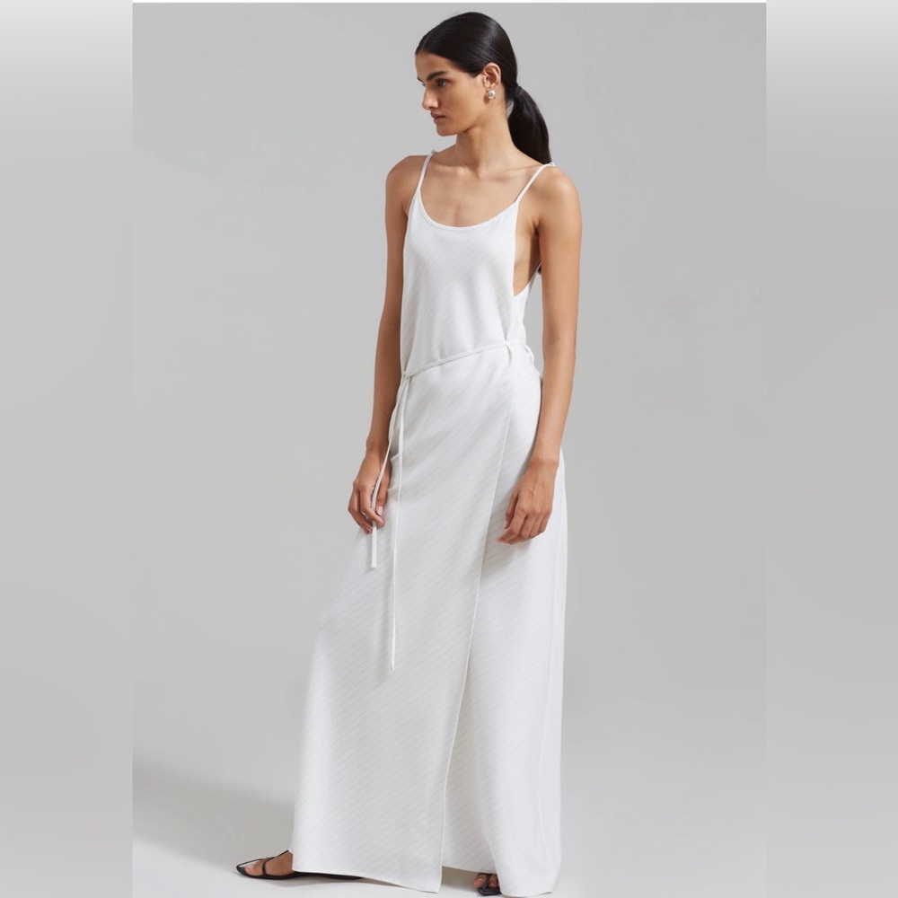 The Frankie Shop Brooke Tie Strap Maxj Dress in White and Grey Stripe